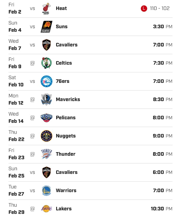 Wizards schedule for the month of February 